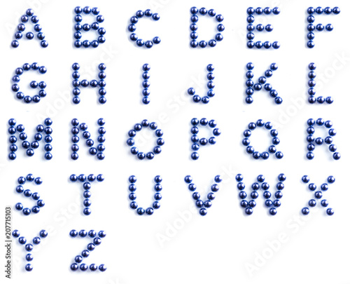Blue beads font letter of english alphabet on white background