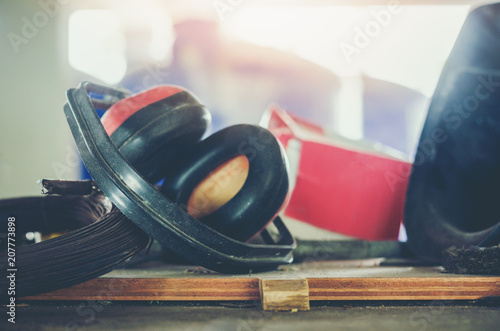 Ear cushion Protective equipment in construction site background.Safety concept .