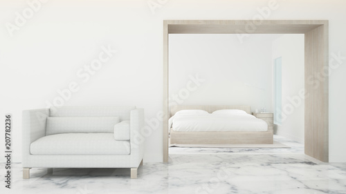 Bedroom and living area in hotel or home - Interior simple design on white tone for artwork bedroom - 3D Rendering