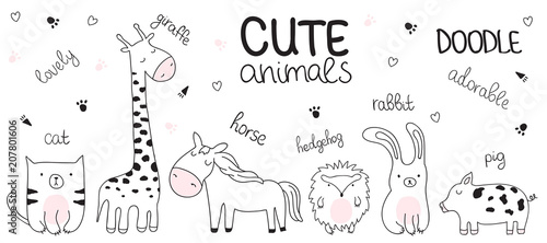 Vector cartoon sketch illustration with cute doodle animals