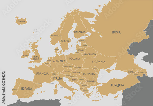 Political Europe Map vector illustration with country names in spanish. Editable and clearly labeled layers.