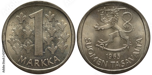Finland Finnish Suomi silver coin 1 one marka 1965, figure of value flanked by stylized trees, crowned lion with sword, sheath below,