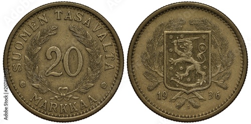 Finland Finnish Suomi coin 20 twenty marka 1936, face value flanked by spruce branches with cones, lion with sword on shield in front of spruce branches,