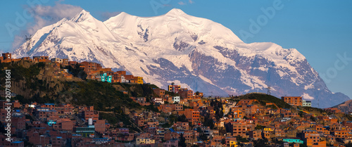 Panorama of the city of La Paz with mountain of Illimani (Aymara) on the background. Bolivia