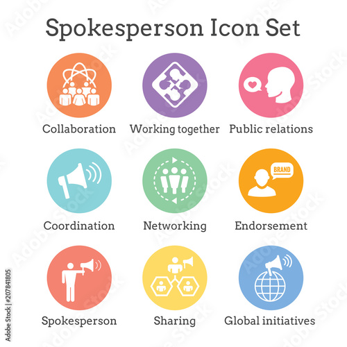 Spokesperson icon set - bullhorn, coordination, pr, and public relations person set