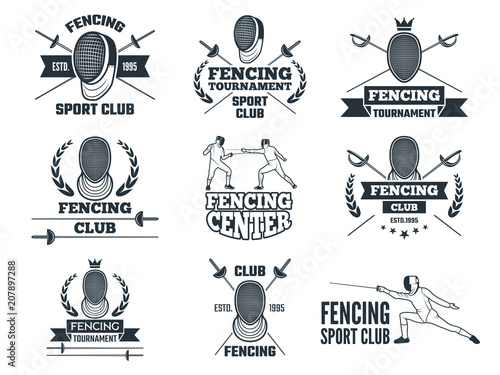 Labels set for fencing sport. Monochrome pictures of rapiers, sword mask and other equipment