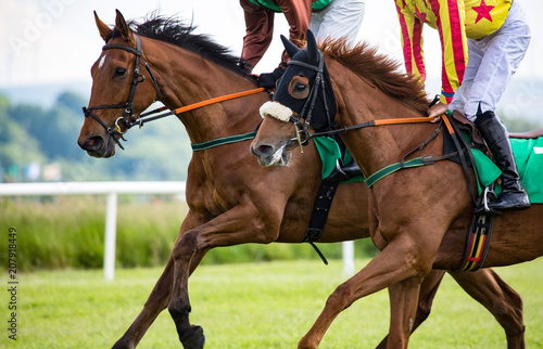 Horses and jockeys racing on the track