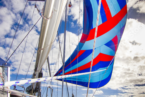 Flying a colorful spinnaker on a seaworthy sailing yacht