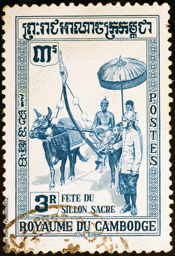 Ceremonial plow on old cambodian postage stamp