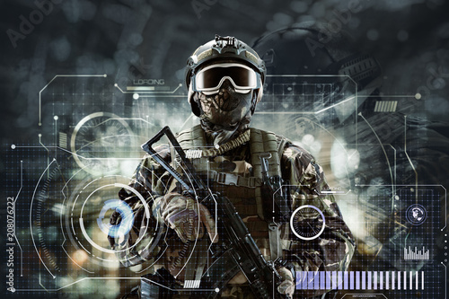 Soldier special forces with weapons in their hands on a futuristic background. Military concept of the future.