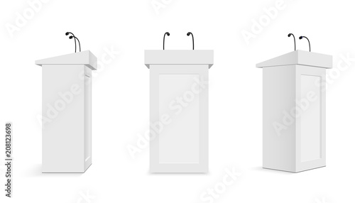 Creative vector illustration of podium tribune with microphones isolated on transparent background. Art design rostrum stands. Abstract concept graphic element for business presentation, conference