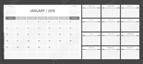 Calendar 2019 week start on Sunday corporate design planner template. Black and white.