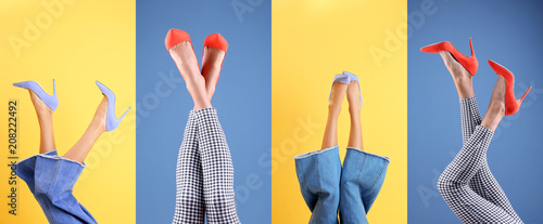 Young women in stylish shoes on color background