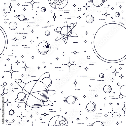 Space seamless background with planets, stars, asteroids and comets, undiscovered galaxy cosmic fantastic and interesting textile fabric for children, endless tiling pattern, vector illustration.