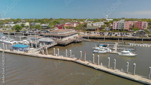 AMELIA ISLAND, FL - APRIL 1, 2018: Coastline of Fernandina Beach, aerial view. This is a famous attraction for tourists in Florida