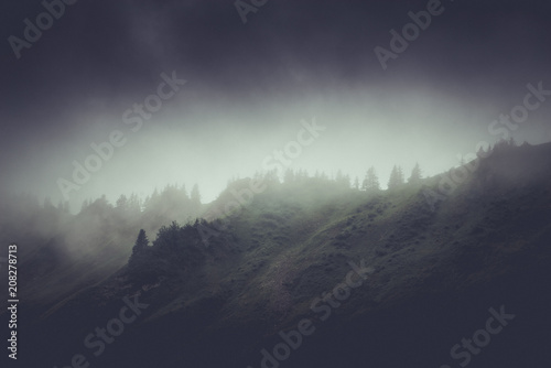 Dark moody rainy mountain landscape