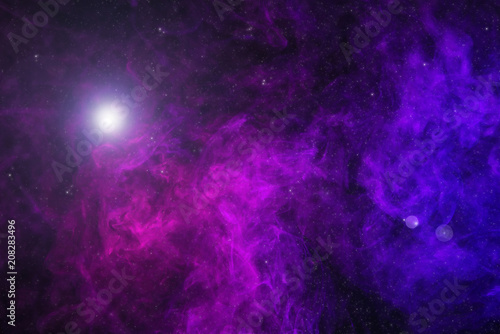 beautiful universe with purple smoke, stars and glowing light