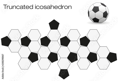 Unfolded soccer ball surface. Geometric polyhedron called truncated icosahedron, an Archimedean solid with twelve black pentagonal and twenty white hexagonal faces.