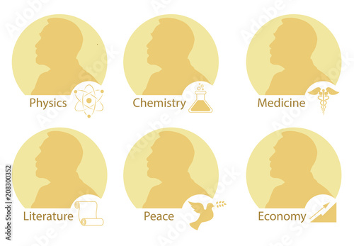 Set of stylized Nobel medals. Silhouette of Nobel in a flat style.