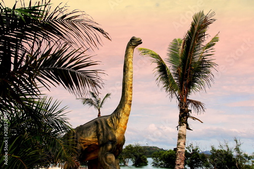 Sauropods Dinosaur on beautiful landscape background.