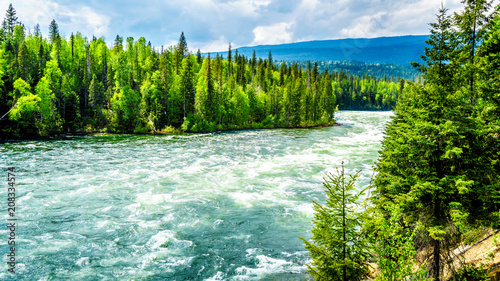 View of the rapids in Bailey's Chute, a narrow section in the swollen Clearwater River, in Wells Gray Provincial Park in the Cariboo Mountains of British Columbia, Canada