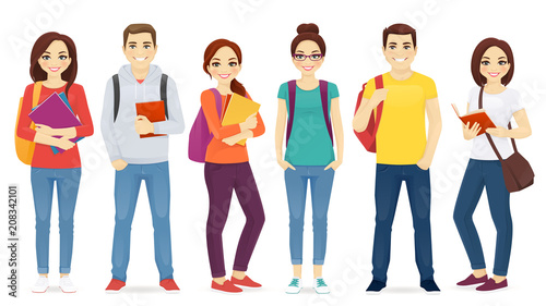 Student set with books and backpacks isolated vector illustration