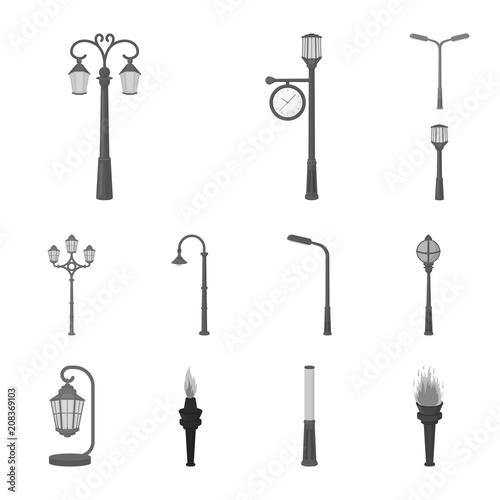 Lamp post monochrome icons in set collection for design. Lantern and lighting vector symbol stock web illustration.