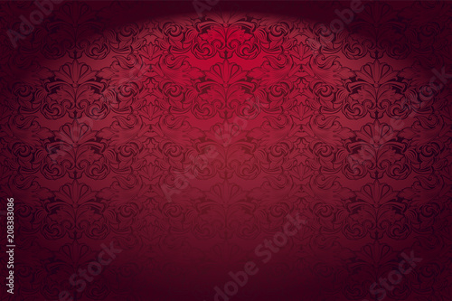 Royal, vintage, Gothic horizontal background in red with a classic Baroque pattern, Rococo.With dimming at the edges