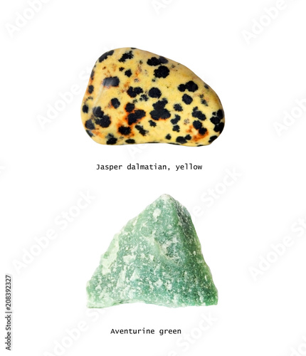 Minerals Jasper Dalmatin Yellow and Aventurine Green, glazed and crude minerals, objects isolated. 