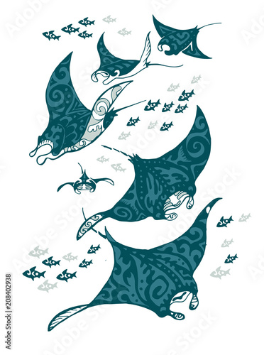 Manta ray and fish in the sea , stylized vector illustration