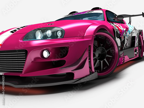 A sports car for racing races with graphics elements. Detailed study of all the main parts of the machine.