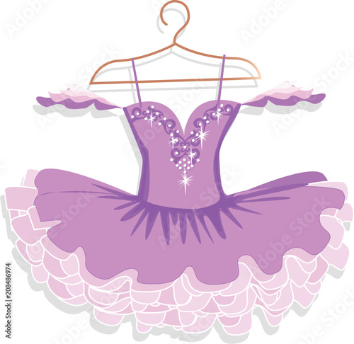 Dance dress with sparkles on a hanger. Vector illustration.