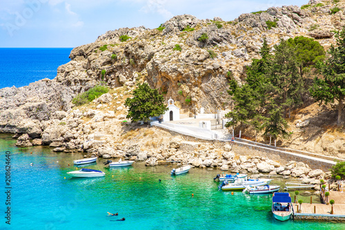 Historic Saint Paul Chapel on a tranquil coast on Rhodes Island, Mediterranean Sea, Greece