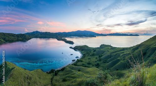 A panoramic view from the top view of 'Gili Lawa' after sunset, Komodo Island (Komodo National Park), Labuan Bajo, Flores, Indonesia