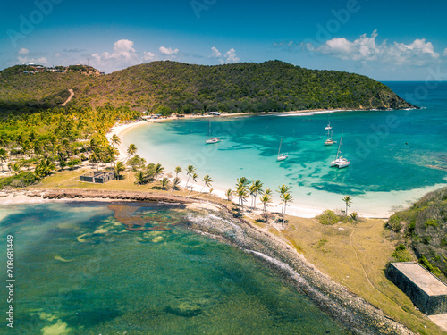 Aerial view of Mayreau beach in St-Vincent and the Grenadines - Tobago Cays. The paradise beach with palm trees and white sand beach