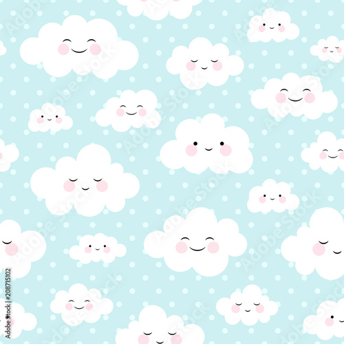 Cute Cartoon Face Cloud Seamless Pattern Background with Dot, Vector illustration
