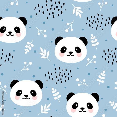 Cute panda seamless pattern, hand drawn forest background with flowers and dots, vector illustration