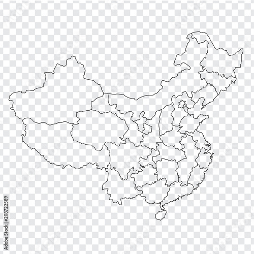 Blank map China. Map of China with the provinces. High quality map of China on transparent background. Stock vector. Vector illustration EPS10.