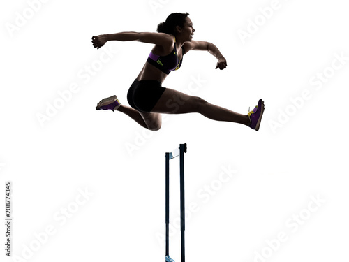 one african runner running hurdlers hurdling woman isolated on white background silhouette
