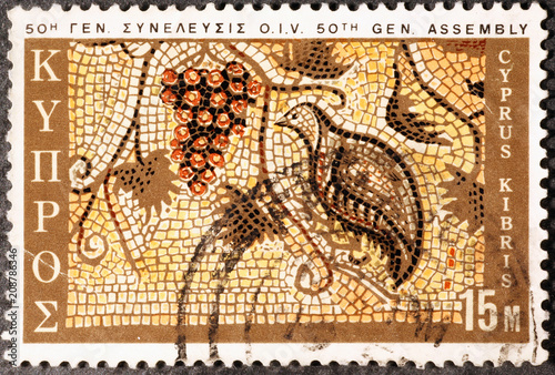 Old mosaic on postage stamp of Cyprus