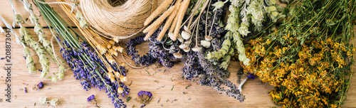 preparation of herbs, homeopathy, dried flowers, banner