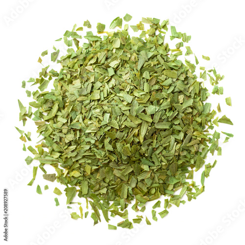 chopped tarragon leaves isolated on white, top view