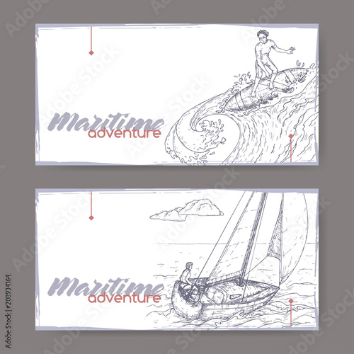 Two landscape banners with sailboat and surfer sketch. Maritime adveture series.