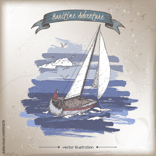 Sailboat color sketch. Maritime adveture series.