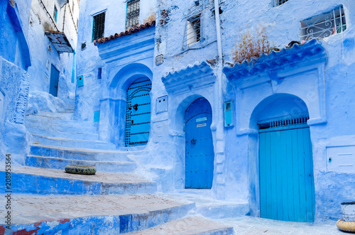 Street landscape of the of old historical medieval city Сhefchaouen in Morocco. Blue town village narrow streets of medina