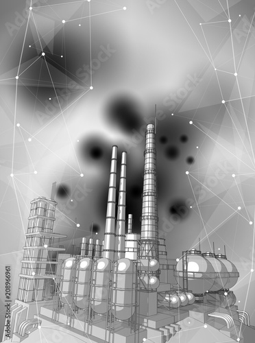 modern chemical plant on a black & white technological background with stylized digital waves - the concept of modern technology, a new industrial revolution and information technology / vector draw