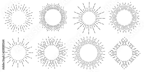 Creative vector illustration of geometric hand drawn sun beams isolated on background. Art design linear sunlight waves, shining lines ray stars. Abstract concept graphic round or circle form element