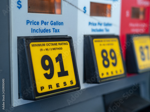 Self-serve gas station fuel options with 91 octane mainly featured