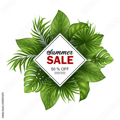 Summer sale banner with tropical leaves for promotion 