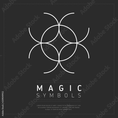 Simple magic symbol with crossed circles in white color on dark gray background